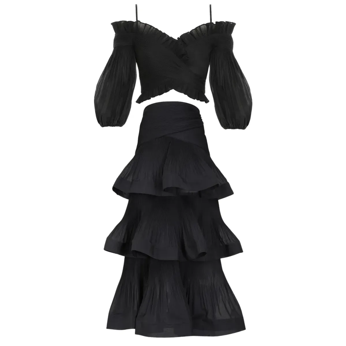 Zimmermann Pleated off The Shoulder Top and Midi Skirt Set Black suitable fit Size 10 - Image 2