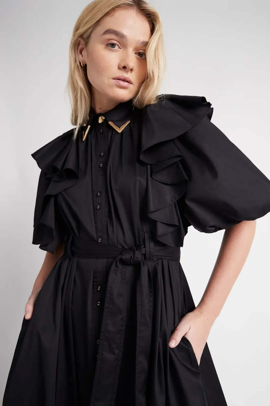 Aje Poised Frill Sleeve Midi Dress Black Size 10 for rent on The Volte - main image