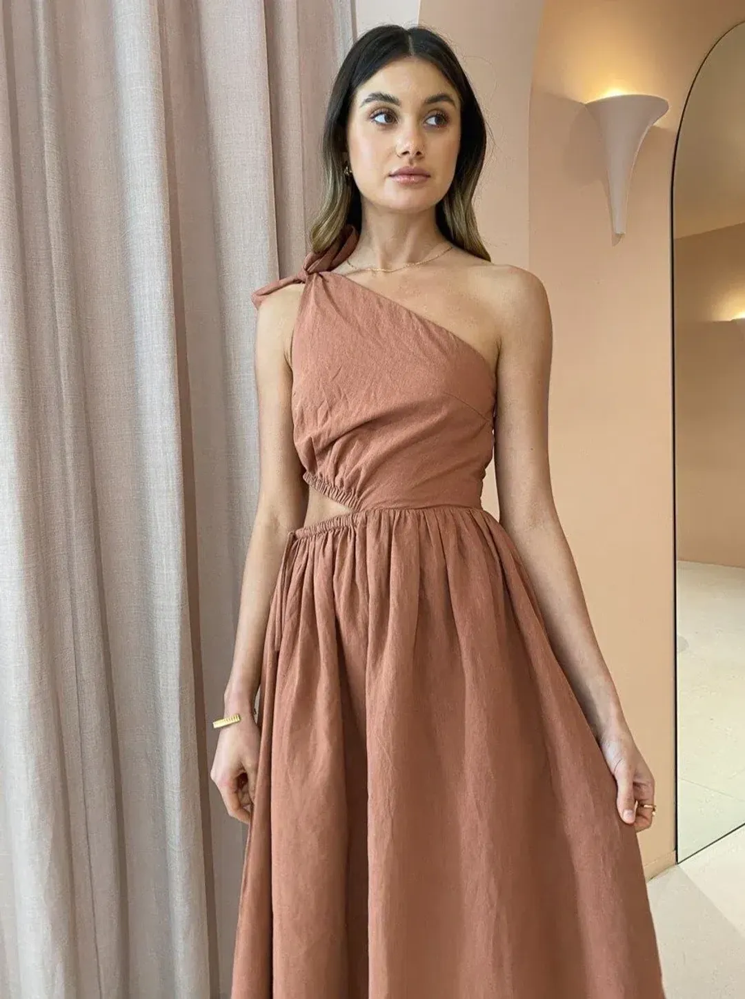 By Nicola Gabriella One Shoulder Midi Dress Desert Brown Size 6 for rent on The Volte - main image