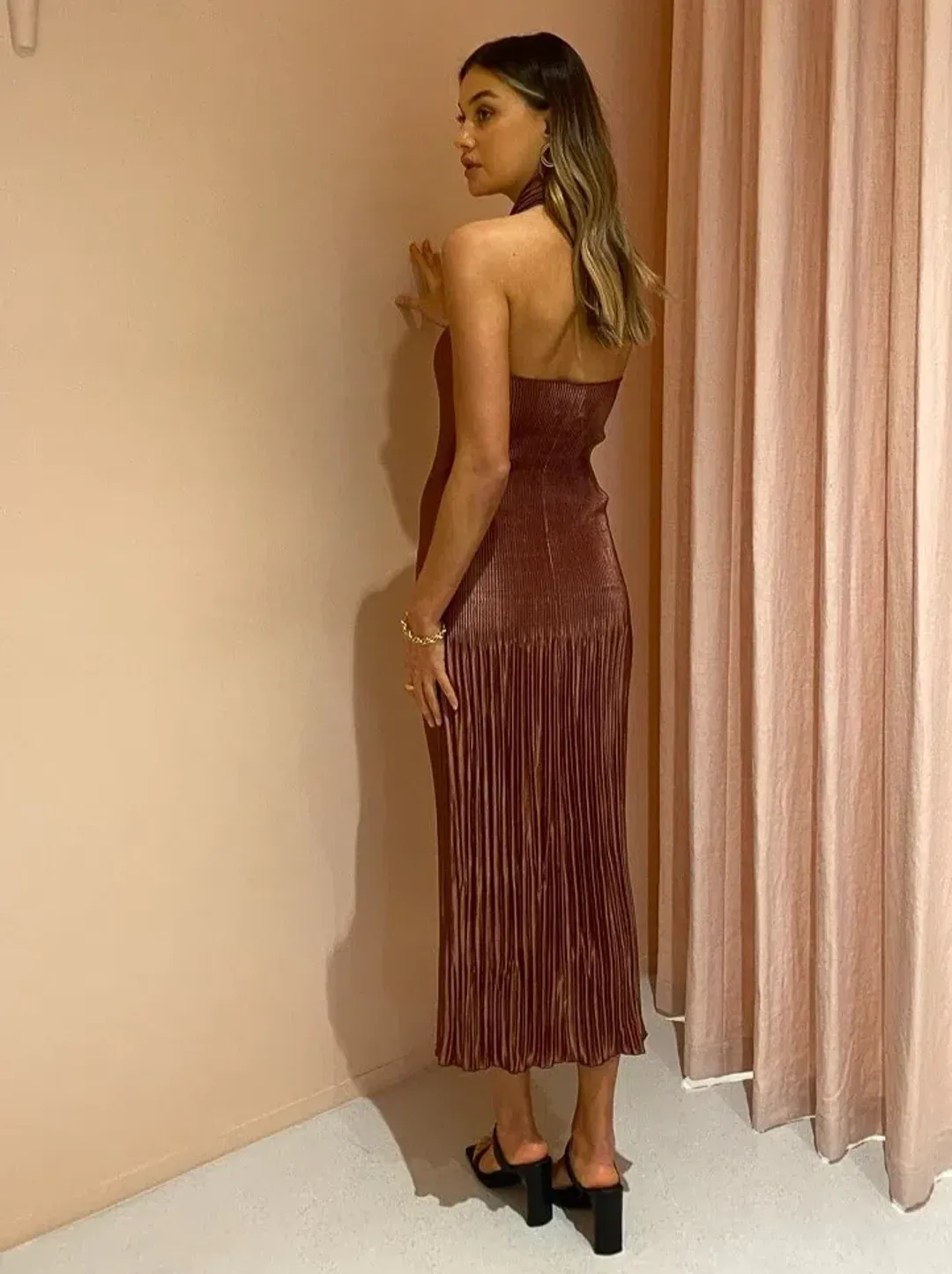 Lidee Soiree Halter Midi Dress in Chocolate Brown Size 12 for rent on The Volte - main image