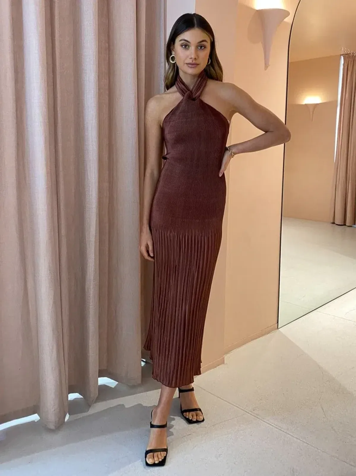Lidee Soiree Halter Midi Dress in Chocolate Brown Size 12 for rent on The Volte - main image