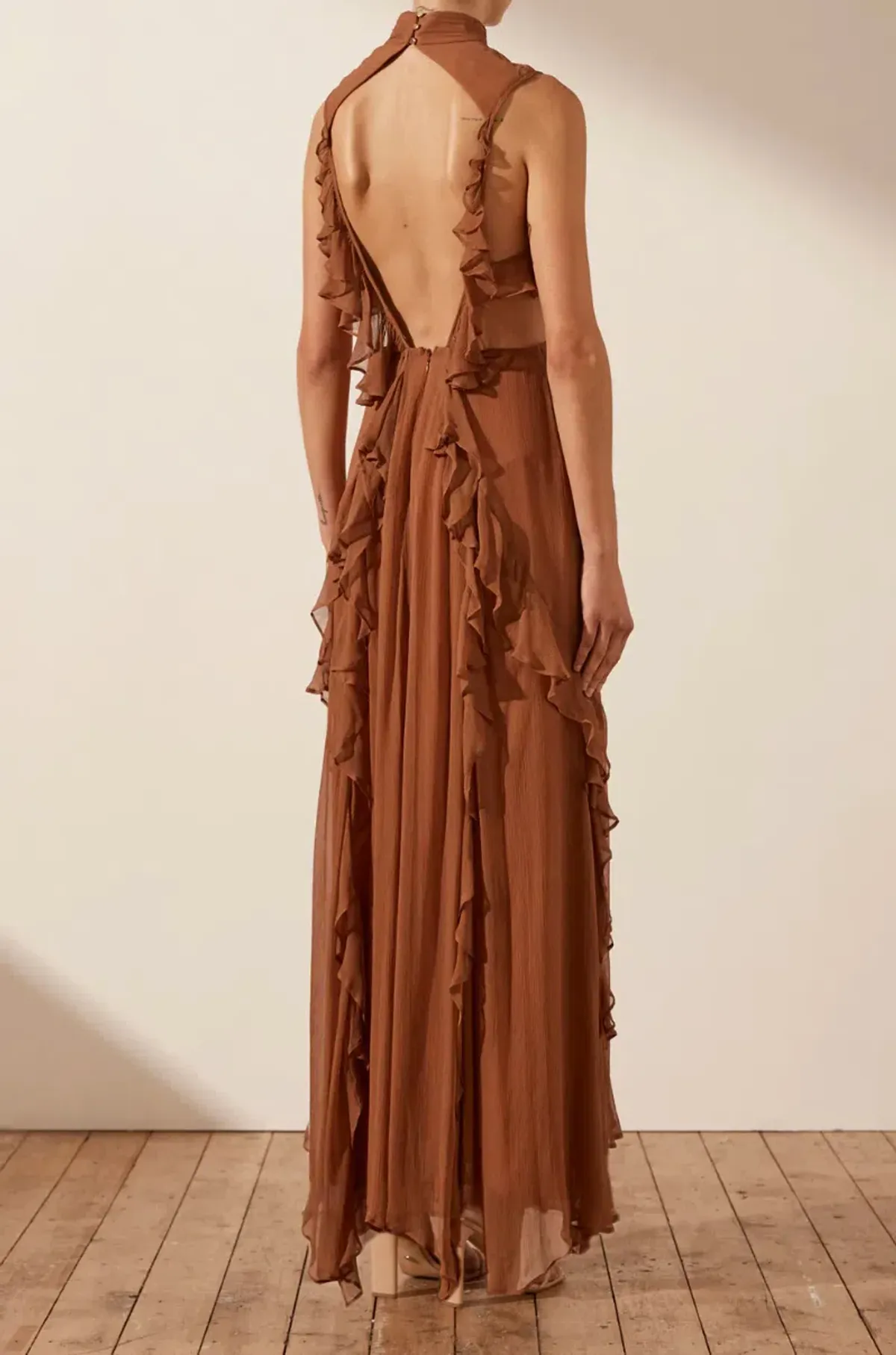 Shona Joy Leonie Backless Frill Maxi Dress in Almond Brown Size 6 - Image 3