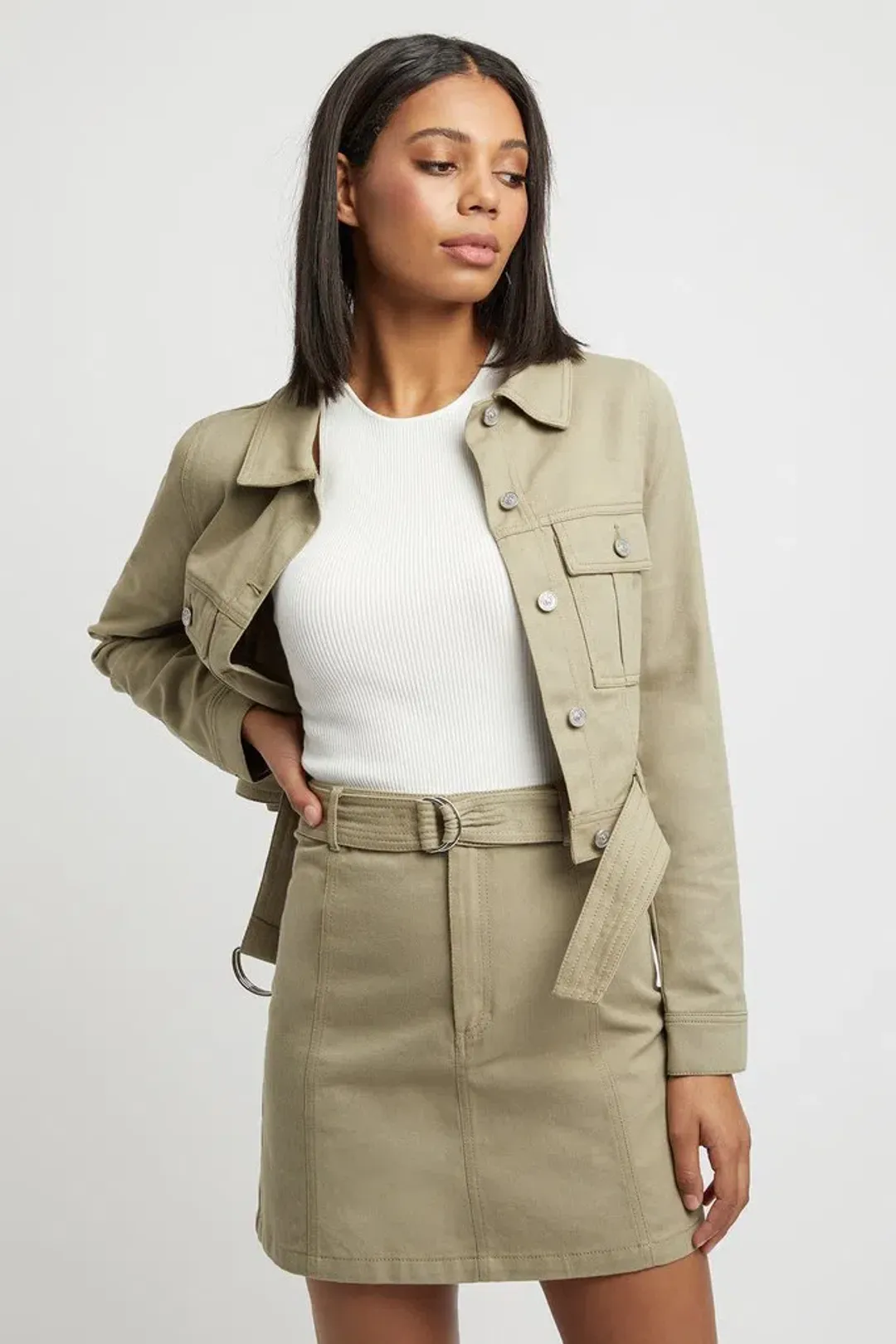 Kookai Dublin Belted D-Ring Jacket in Moss Gray Green Size 10 for rent on The Volte - main image