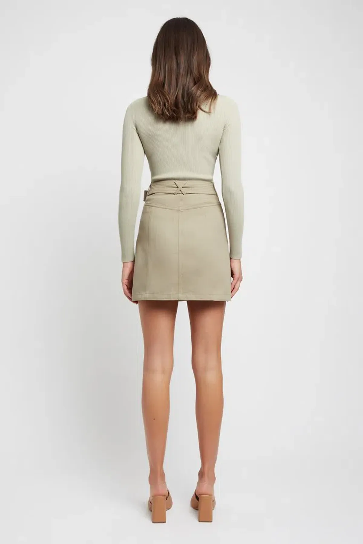 Kookai Dublin Belted D-Ring Skirt in Moss Gray Green Size 10 - Image 3