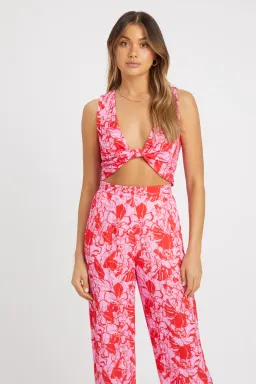 Kookai Tiah Knot Top And Pant Set Red Floral Print Size 8 for rent on The Volte - image 2