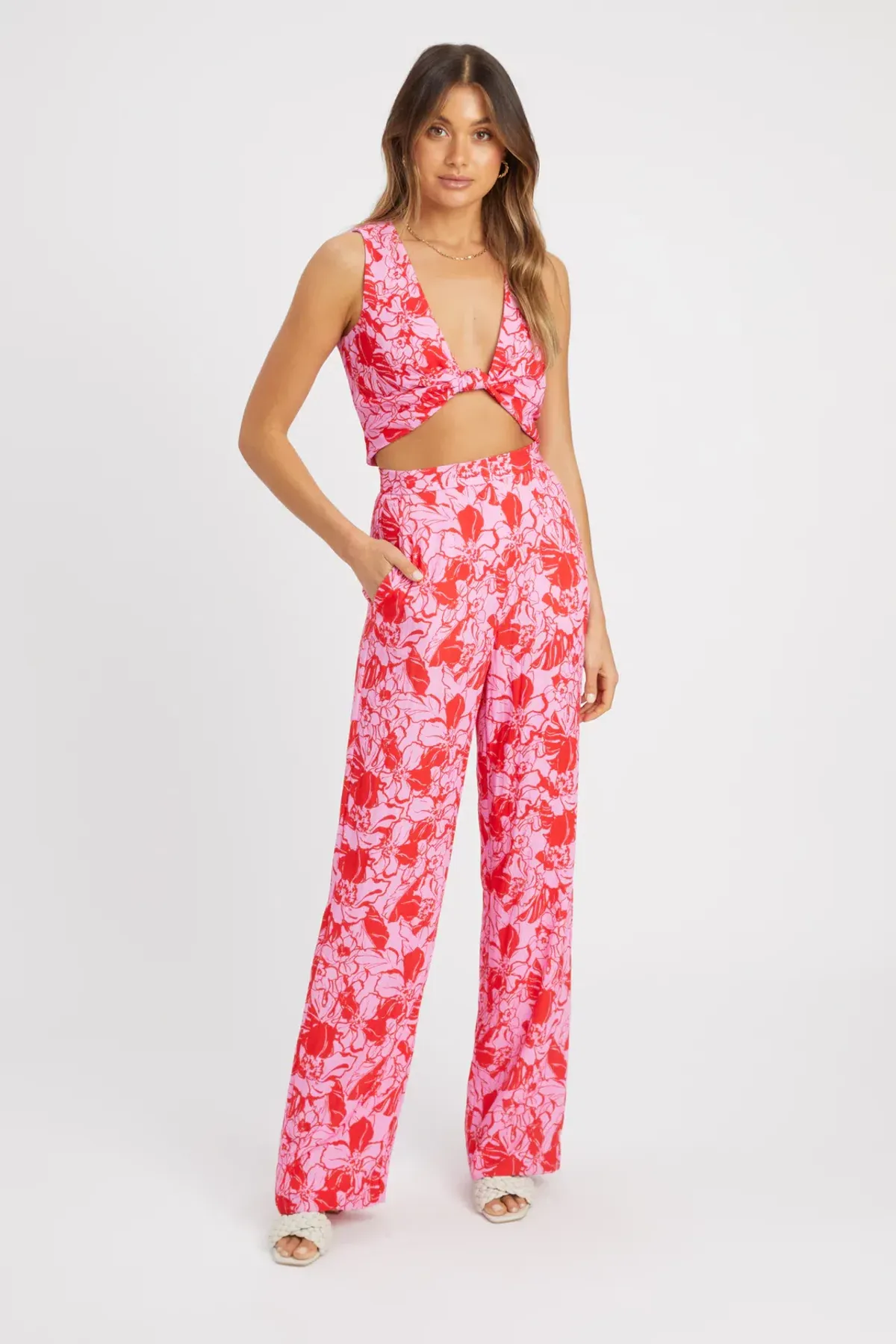 Kookai Tiah Knot Top And Pant Set Red Floral Print Size 8 - Image 1
