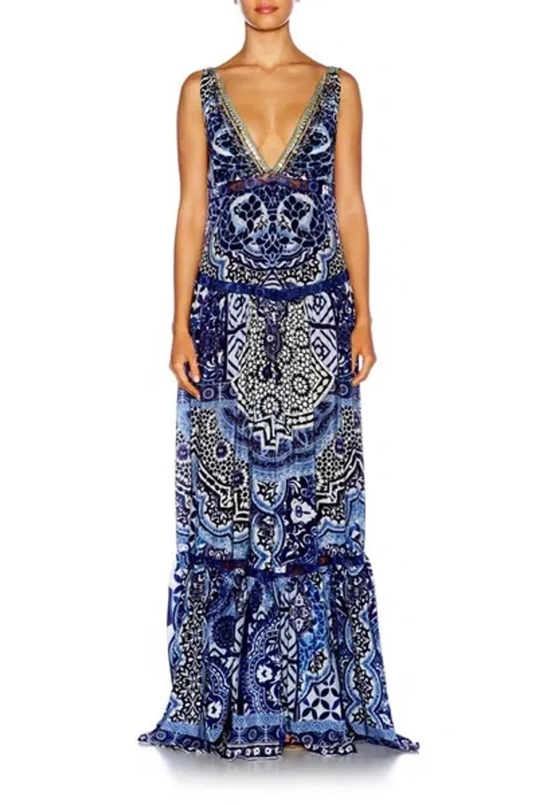 Camilla Under V-neck Gathered Tiered Maxi Dress The Medina Moon Size 14 for rent on The Volte - main image