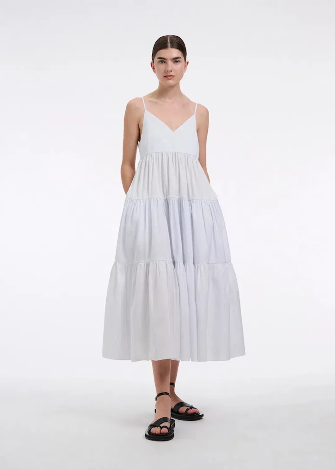 CO Collections V-Neck Tiered Dress in Cotton Blue Stripe Size S / AU 6 for rent on The Volte - main image