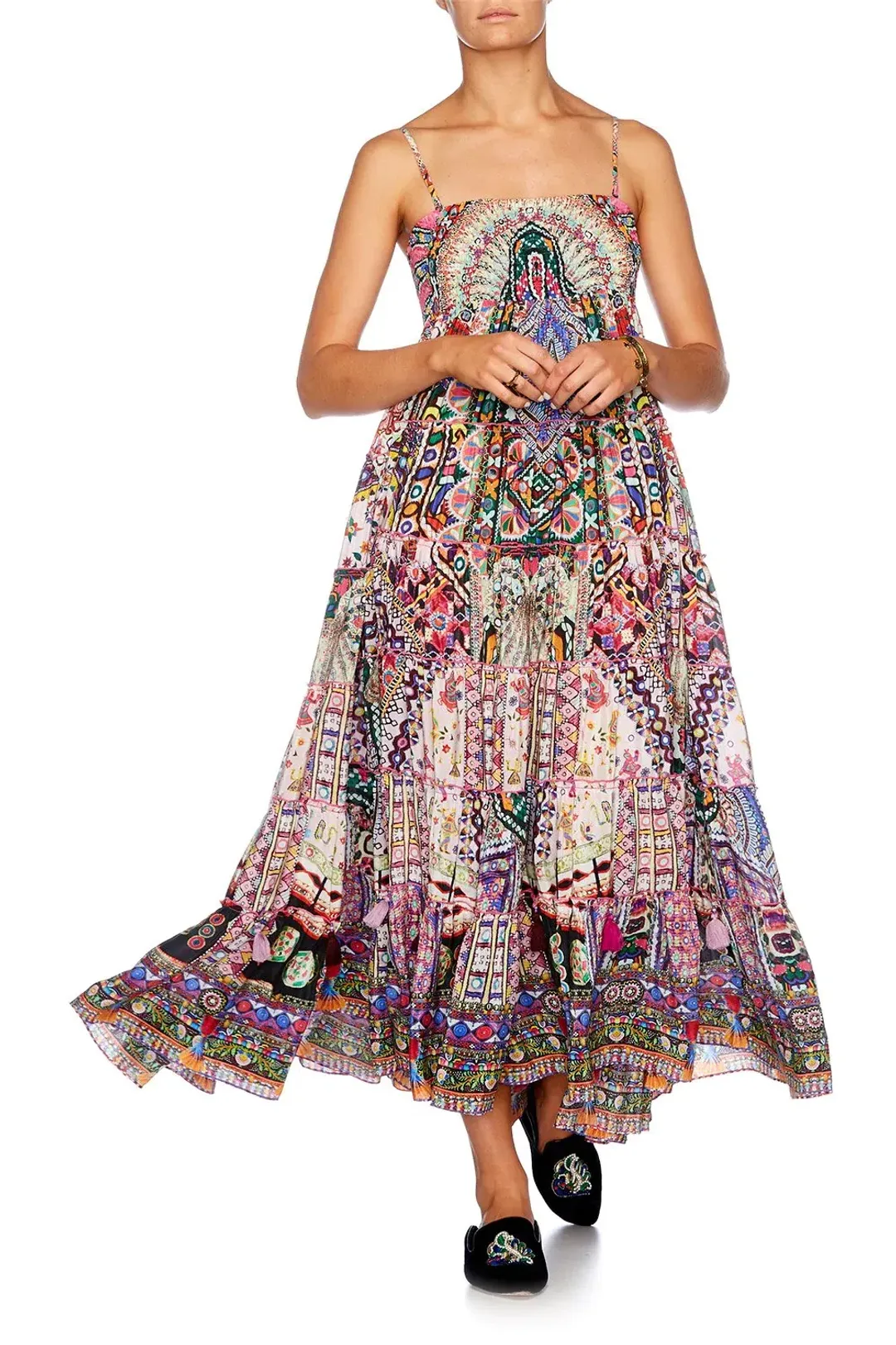 Camilla Long Sleeve Drop Shoulder Top Size XS & Tiered Hem Maxi Skirt Size L Set in Kalbelia Queen Pink Print for rent on The Volte - main image