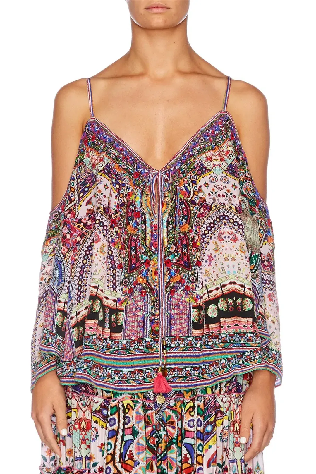 Camilla Long Sleeve Drop Shoulder Top Size XS & Tiered Hem Maxi Skirt Size L Set in Kalbelia Queen Pink Print for rent on The Volte - main image