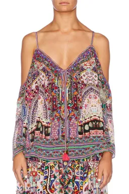 Camilla Long Sleeve Drop Shoulder Top Size XS & Tiered Hem Maxi Skirt Size L Set in Kalbelia Queen Pink Print for rent on The Volte - image 2