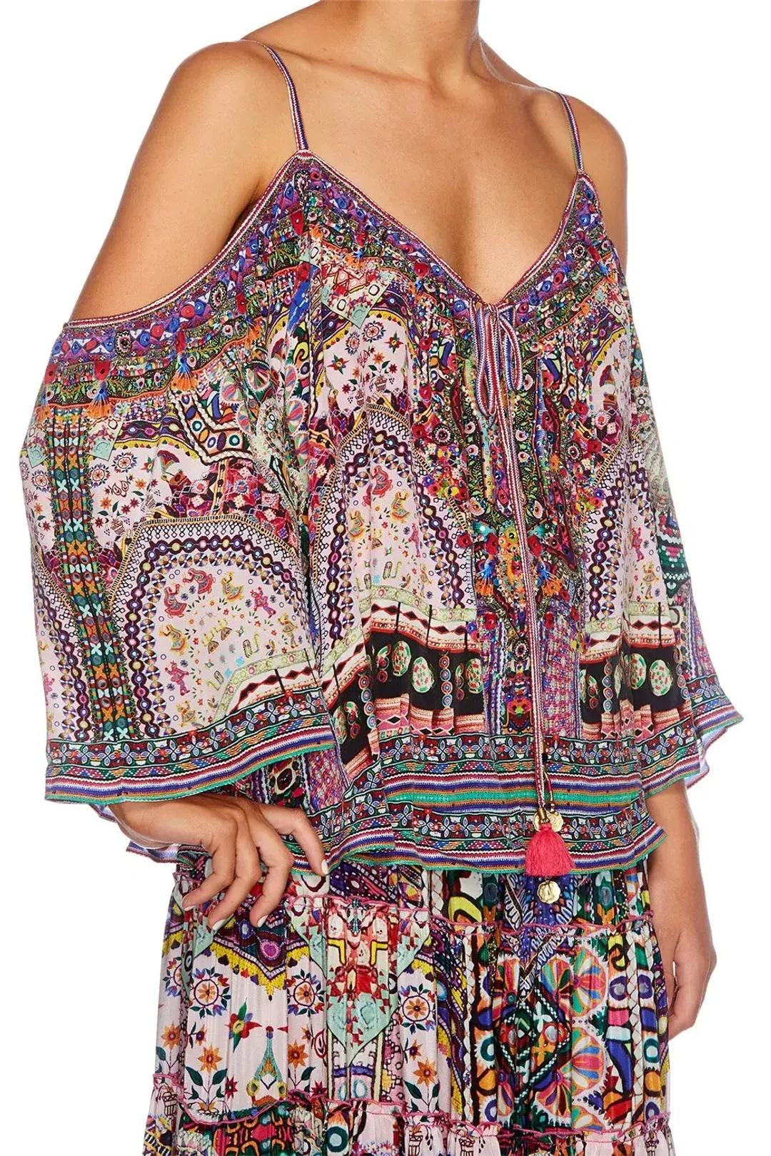 Camilla Long Sleeve Drop Shoulder Top Size XS & Tiered Hem Maxi Skirt Size L Set in Kalbelia Queen Pink Print for rent on The Volte - main image