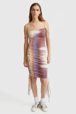 Priscavera Ruched Printed Dress Sandstorm Size 6 for rent on The Volte - image 1