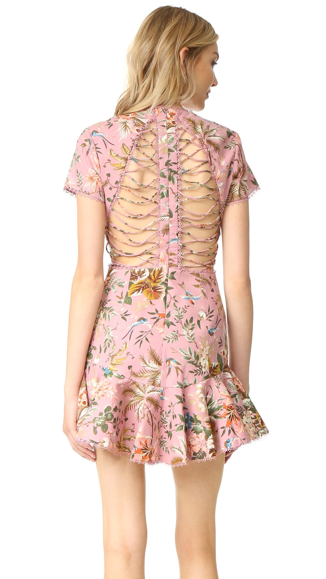 Zimmermann Tropicale Lattice Mini Dress Pink Floral Size 6 for rent on The Volte - main image