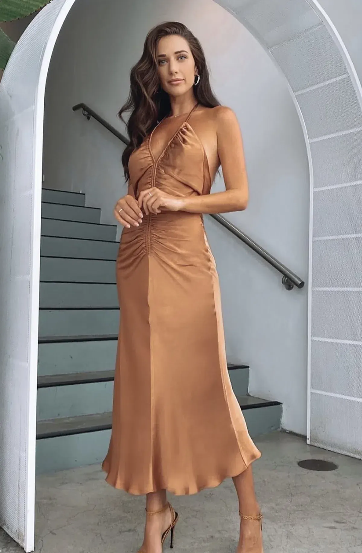 Shona Joy Gala Halter Ruched Midi Dress in Copper Size 8 - Image 3