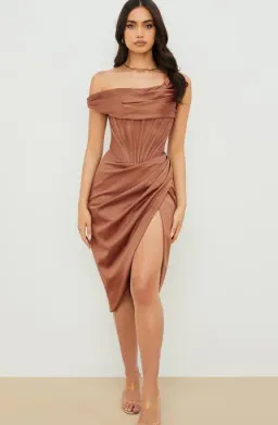 House of CB Lulu Toffee Asymmetric Drape Midi Corset Dress Brown Size 10 for rent on The Volte - image 1