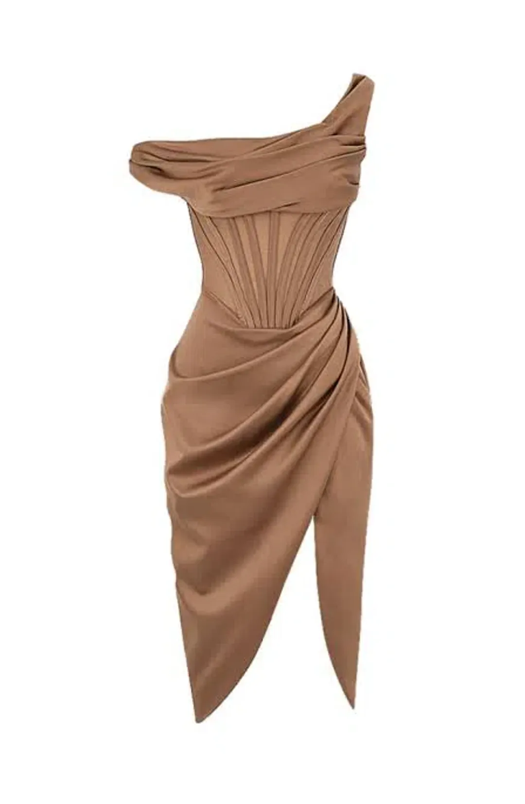House of CB Lulu Toffee Asymmetric Drape Midi Corset Dress Brown Size 10 for rent on The Volte - main image
