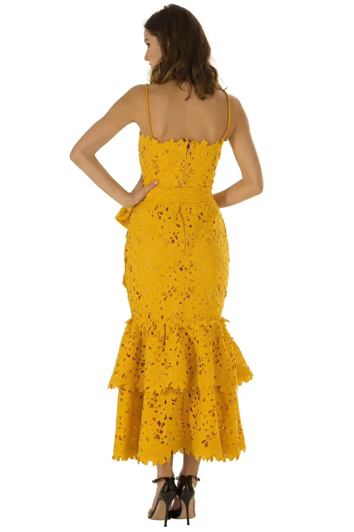 Bambah Double Ruffle Lace Midi Dress Yellow Size 12 - Image 2
