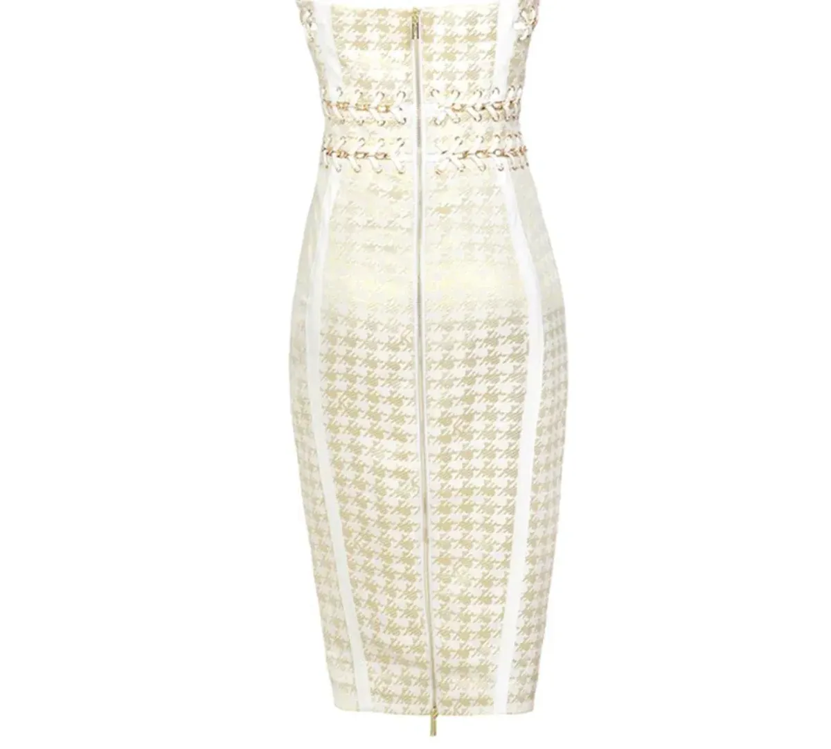 House Of CB Domenica Houndstooth and Chain Midi Dress Gold Cream Size XS / Au 6 - Image 5