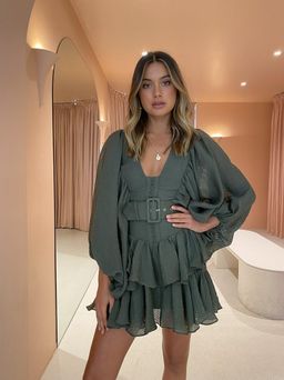 Shona Joy Charlotte Plunged Draped Mini Dress - Khaki sz 10 for rent on The Volte - image 2