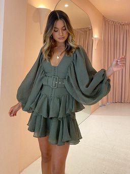 Shona Joy Charlotte Plunged Draped Mini Dress - Khaki sz 10 for rent on The Volte - image 1