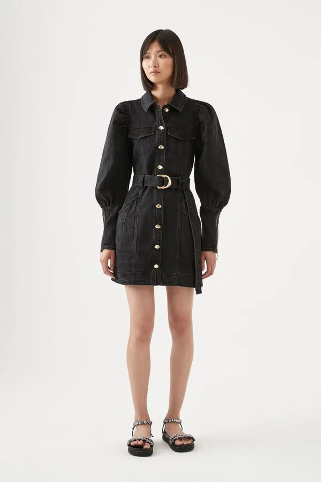 Aje Dione Denim Long Sleeve Mini Dress Black Size 8 for rent on The Volte - main image