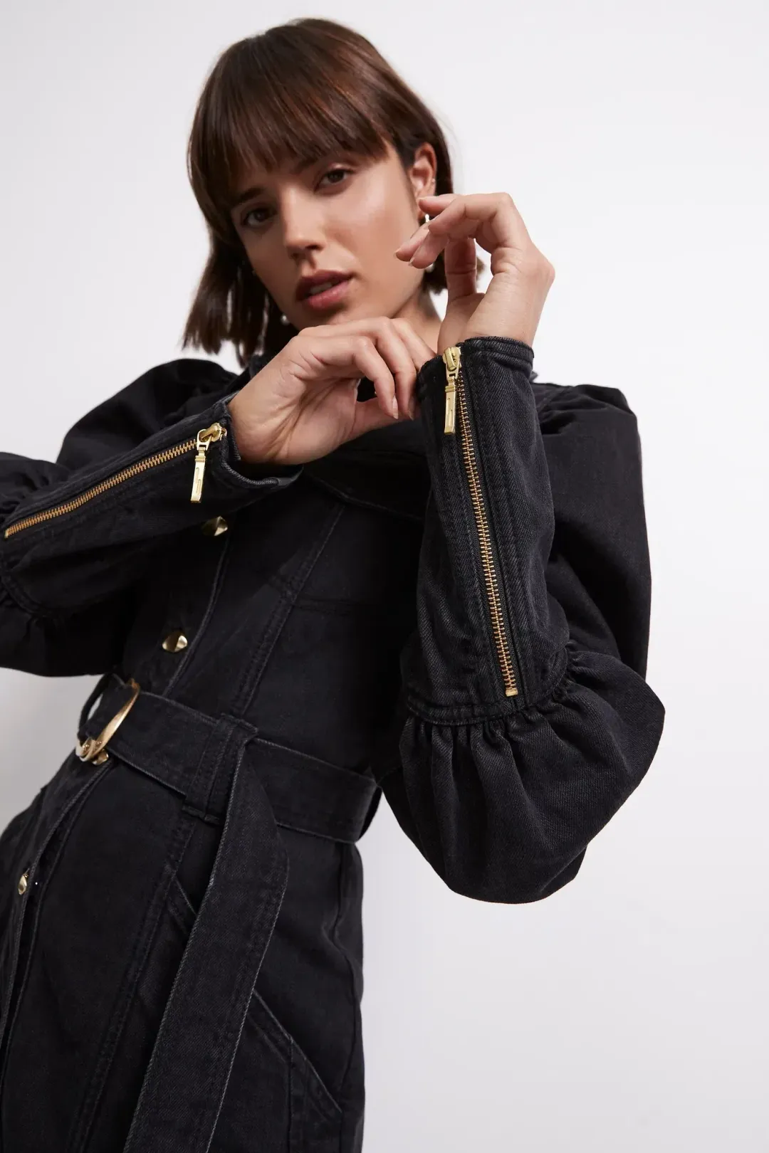 Aje Dione Denim Long Sleeve Mini Dress Black Size 8 for rent on The Volte - main image