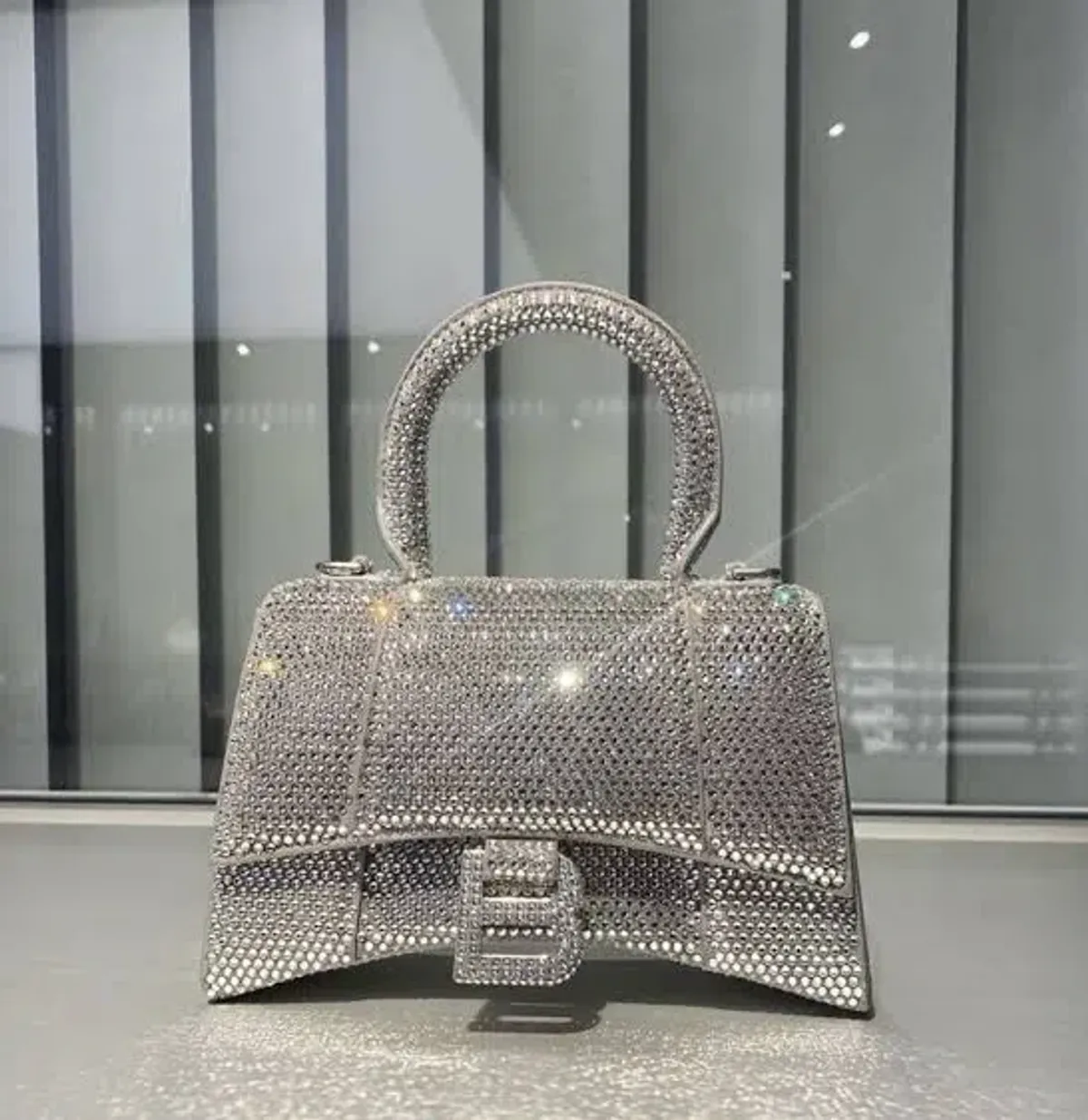 Balenciaga Crystal Embellished Hourglass Tote Bag Grey - Image 4