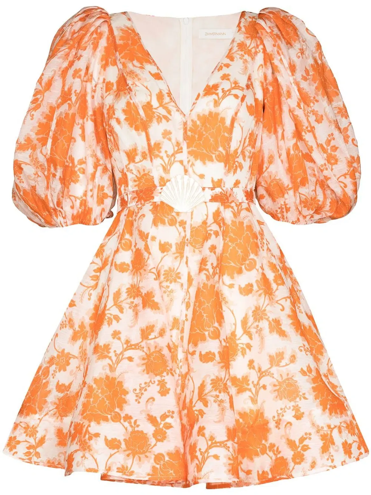 Zimmermann Postcard Puff Sleeve Mini Dress Orange Floral Size 0/AU 8 - Image 5