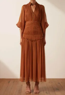 Shona Joy Noemi Button Up Ruched Midi Dress in Siena Brown Size 16 for rent on The Volte - image 1