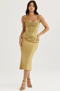 House of CB Natalya Satin Corset Midi Dress Olive Green Size 6 for rent on The Volte - image 1