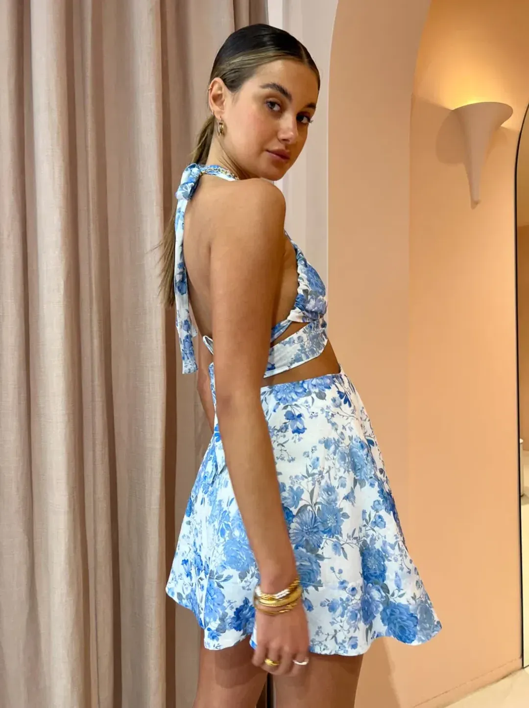 Sofia Moda Cut Out Mini Dress In Sky Blue Floral Size S/Au 8 for rent on The Volte - main image