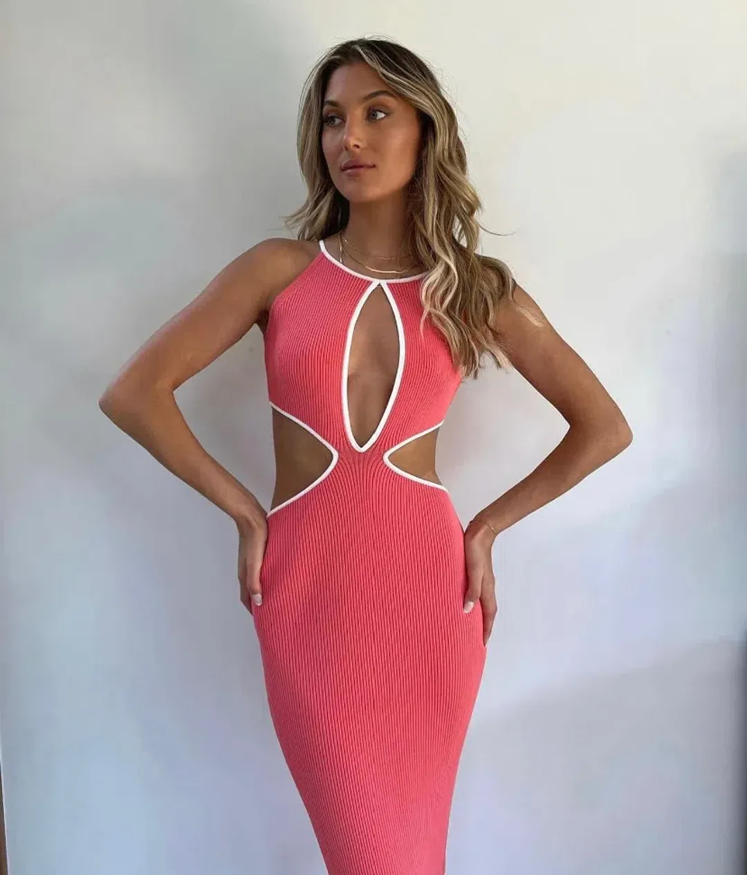 San Sloane Adrian Rib Midi Dress in Coral Pink Size 8 for rent on The Volte - main image