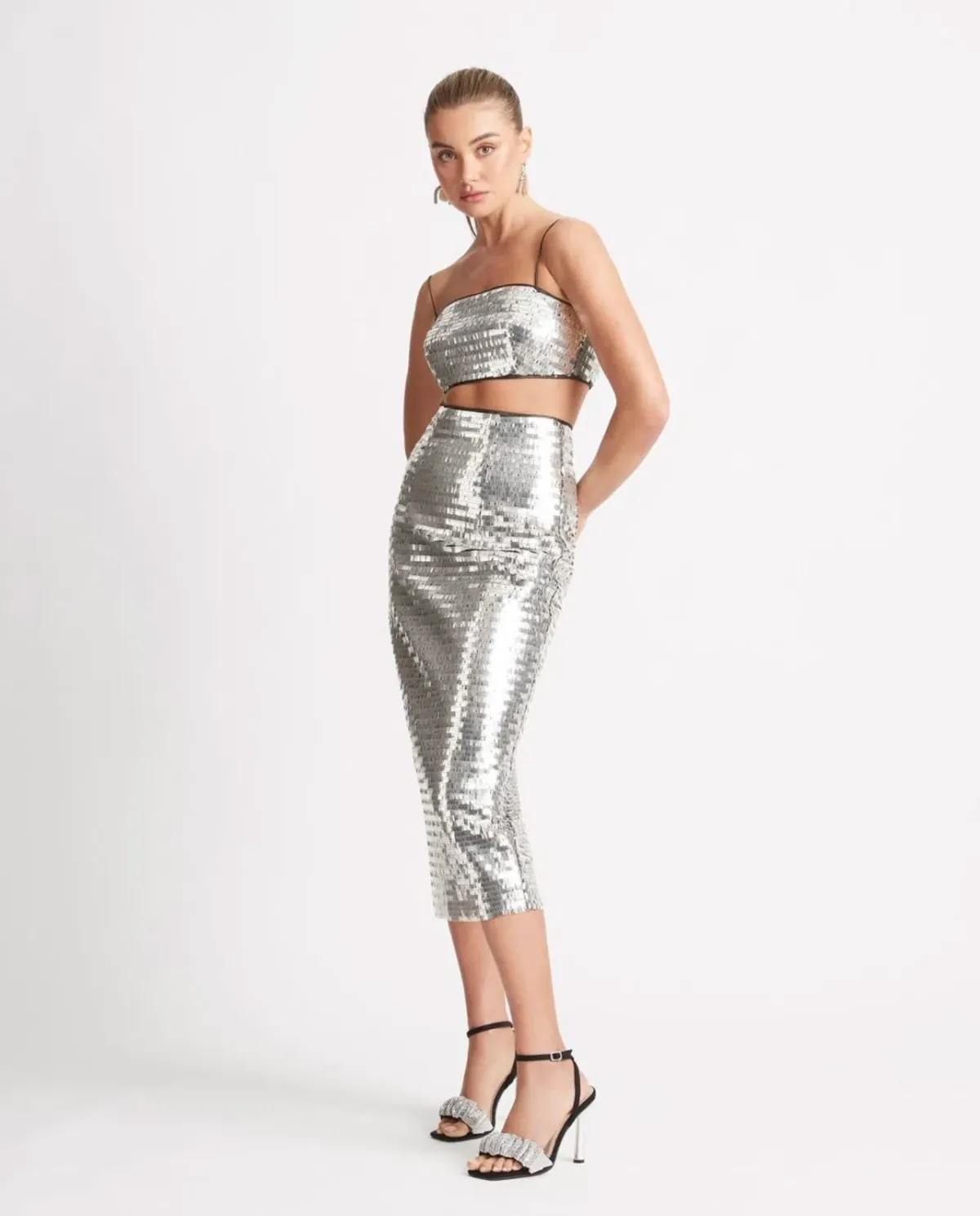 Sheike Walk of Fame Skirt & Top Set in Silver Sequin Size 8 - Image 1