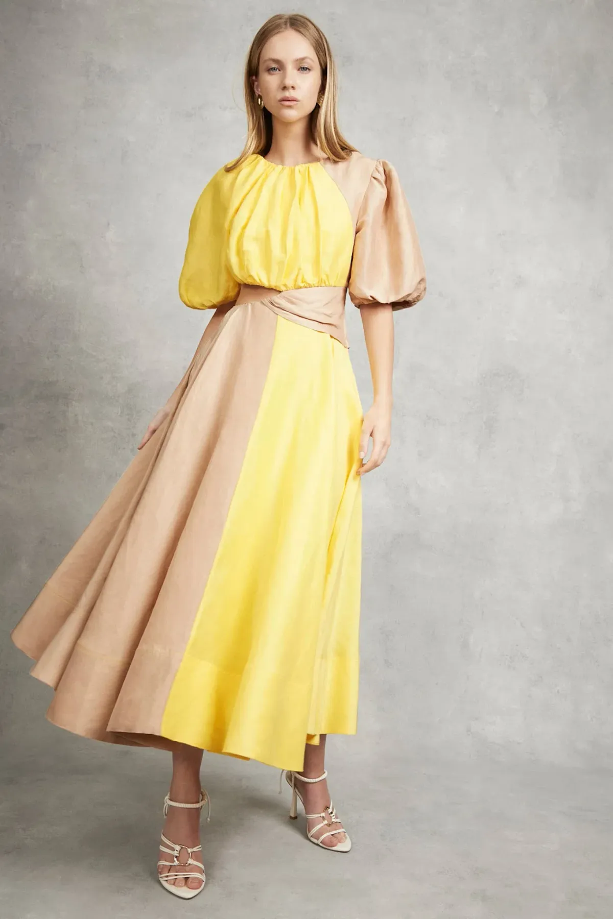 Aje Caliente Two Tone Puff Sleeve Dress Yellow/Nude Size 16 - Image 1