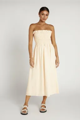 Dissh Thea Cream Shirred Linen Midi Dress Size 8 for rent on The Volte - image 1