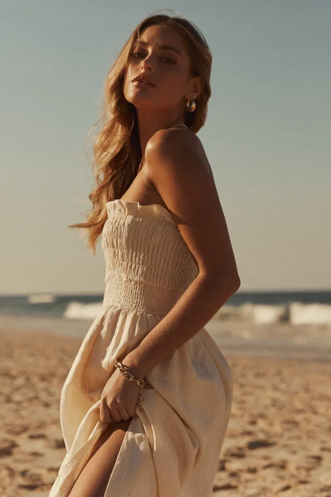 Dissh Thea Cream Shirred Linen Midi Dress Size 8 for rent on The Volte - main image