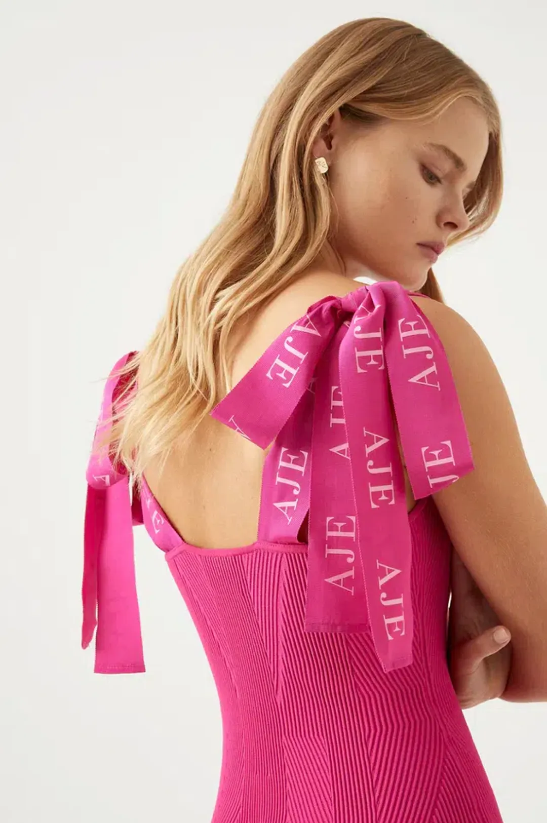 Aje Amber Knit Tie Shoulder Mini Dress Pink Size M / AU 10 for rent on The Volte - main image