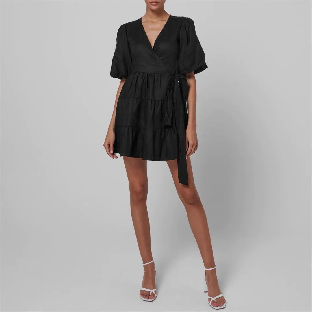 Faithfull the Brand Rooney Wrap Mini Dress Black Size 8 for rent on The Volte - main image