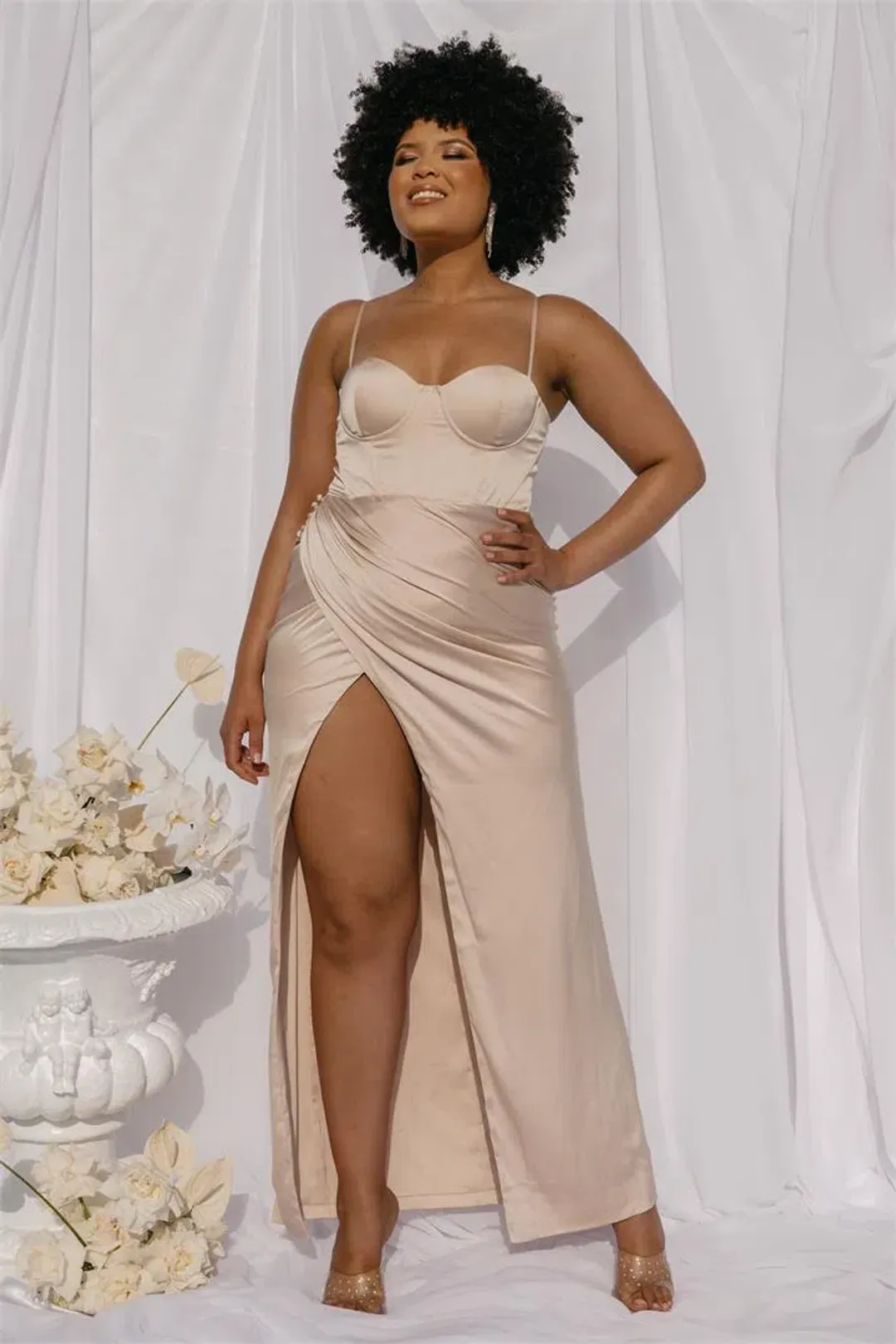 Meshki Daniella Cupped Split Maxi Dress Champagne Size XS / Au 6 for rent on The Volte - main image