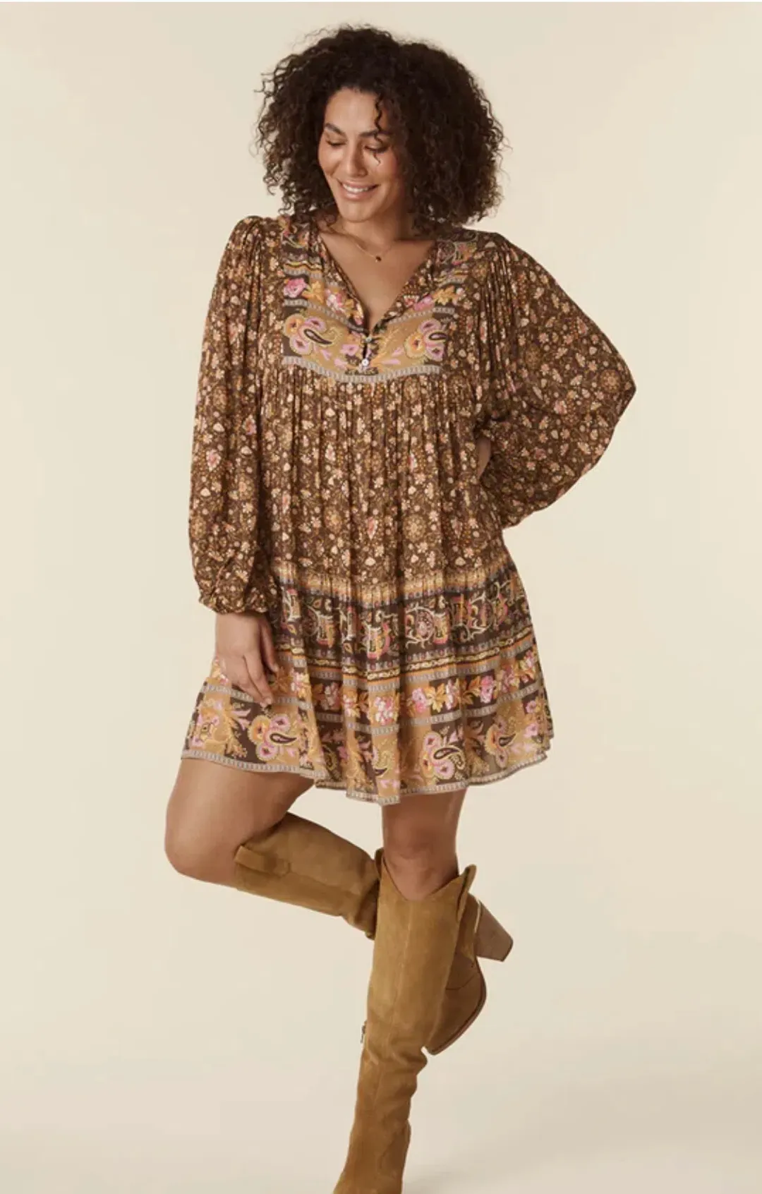 Spell Madame Peacock Boho Mini Dress Coffee Size 8 for rent on The Volte - main image