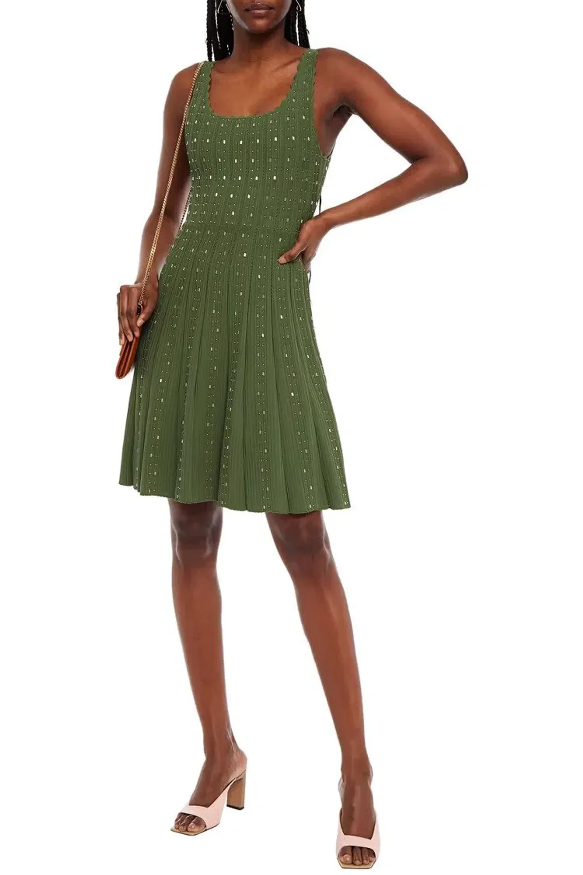 Sandro Paris Avah Scalloped Embellished Ribbed-knit Mini Dress Army Green Size S/AU 10 - Image 1