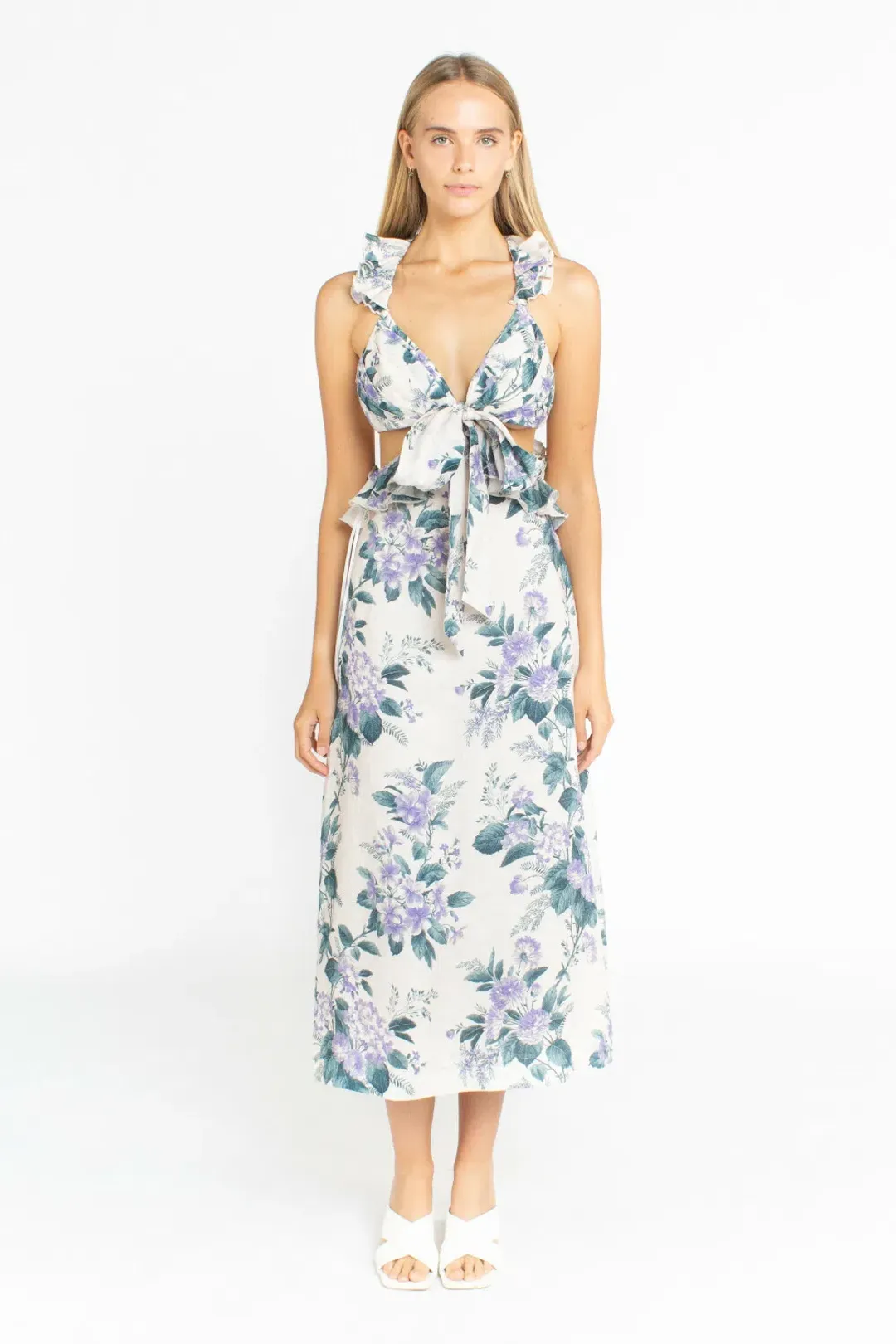 Zimmermann Cassia Ruffle Midi Dress in Hydrangea Floral Print Size 1/Au 10 for rent on The Volte - main image