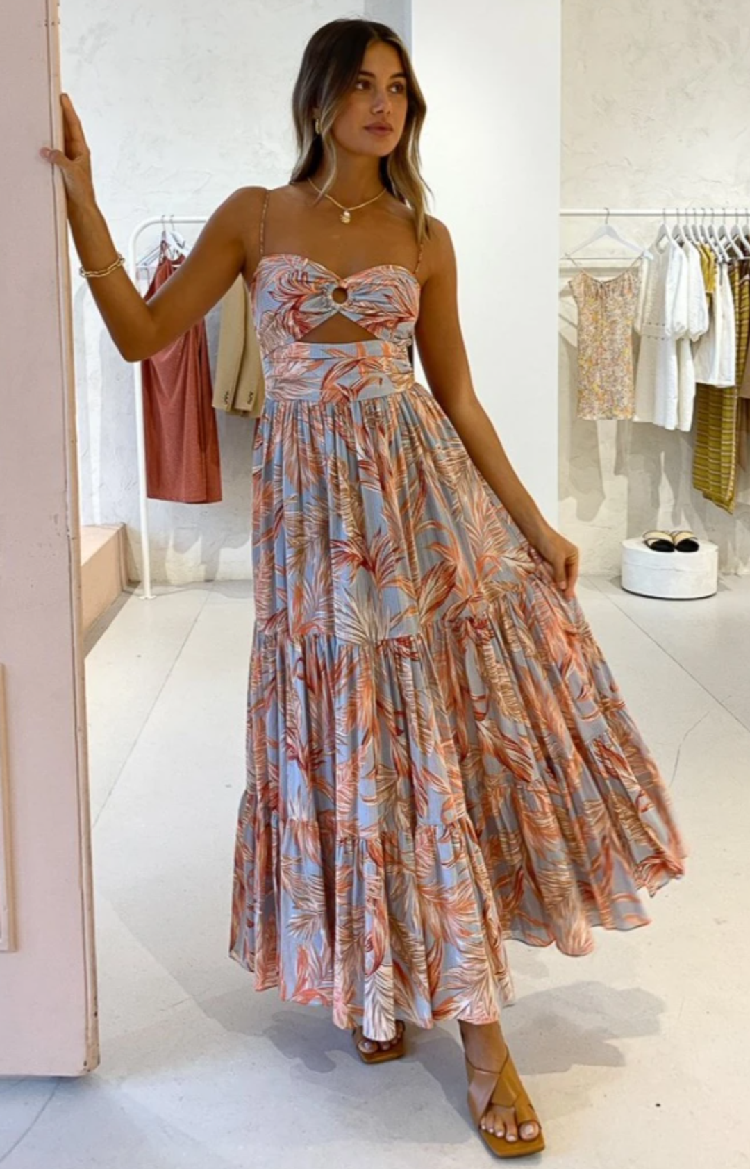 Bec & Bridge Miami Palm Tier Midi Dress Print Size 8 for rent on The Volte - main image