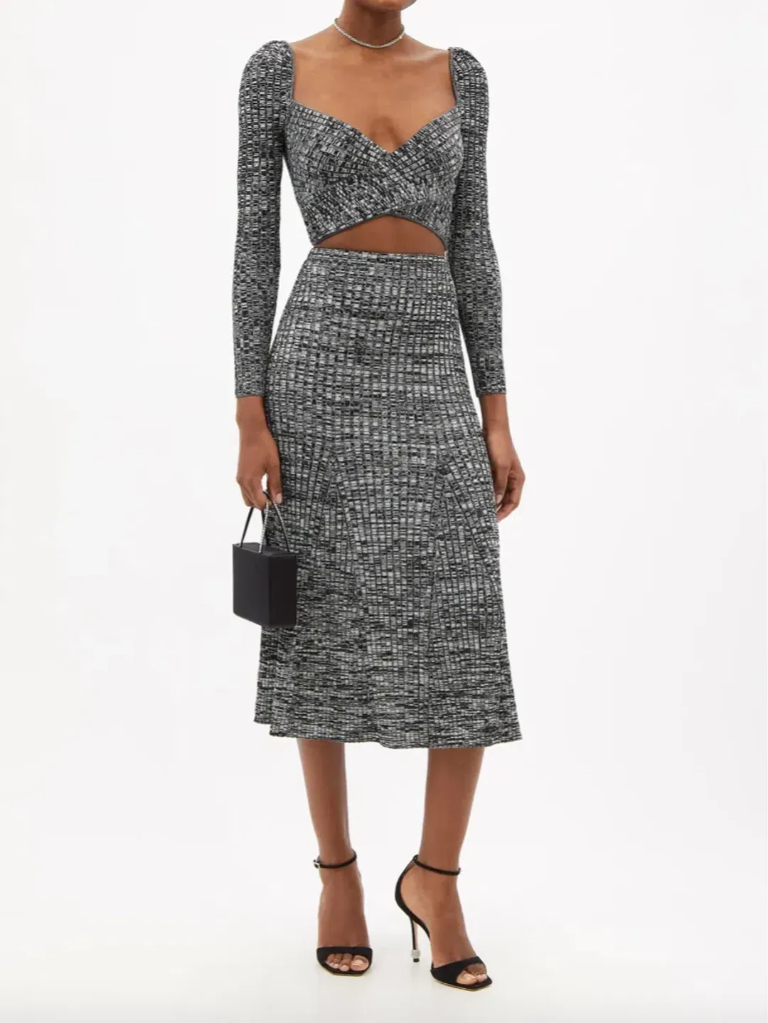 Self Portrait Crossover Front Ribbed Knit Cropped Top & Midi Skirt Set Black Size M / Au 10 for rent on The Volte - main image