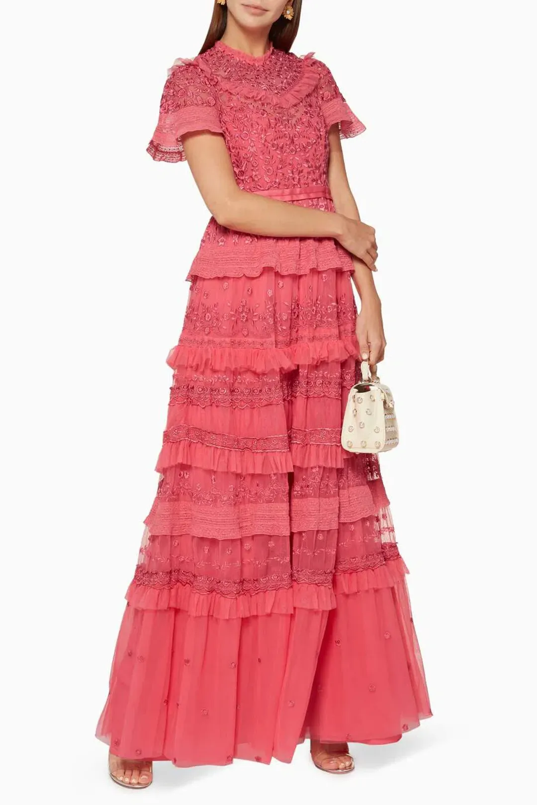 Needle and Thread Iris Ruffled Embroidered Tulle Gown Pink Size 10 for rent on The Volte - main image