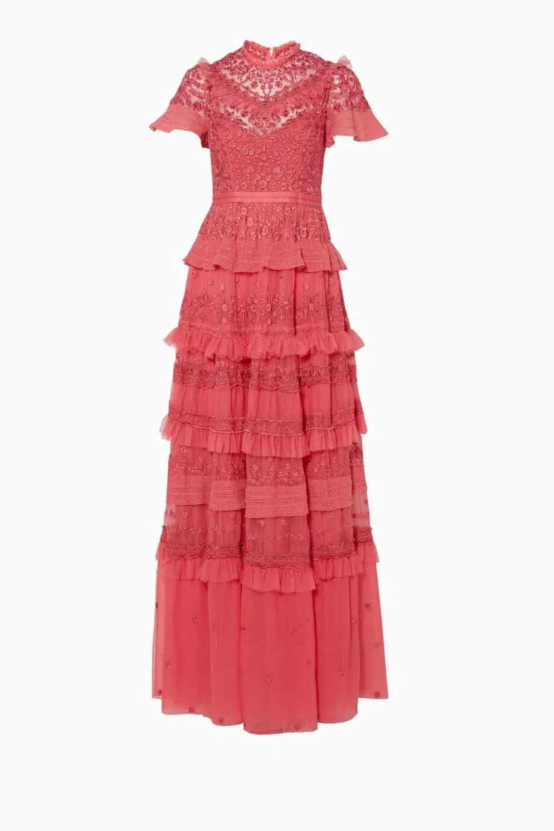 Needle and Thread Iris Ruffled Embroidered Tulle Gown Pink Size 10 for rent on The Volte - main image