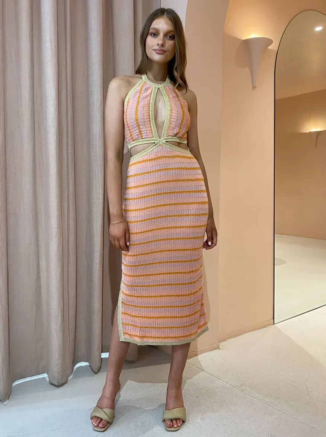 Suboo Biba Halter Dress Peach Stripe Size 8 for rent on The Volte - main image