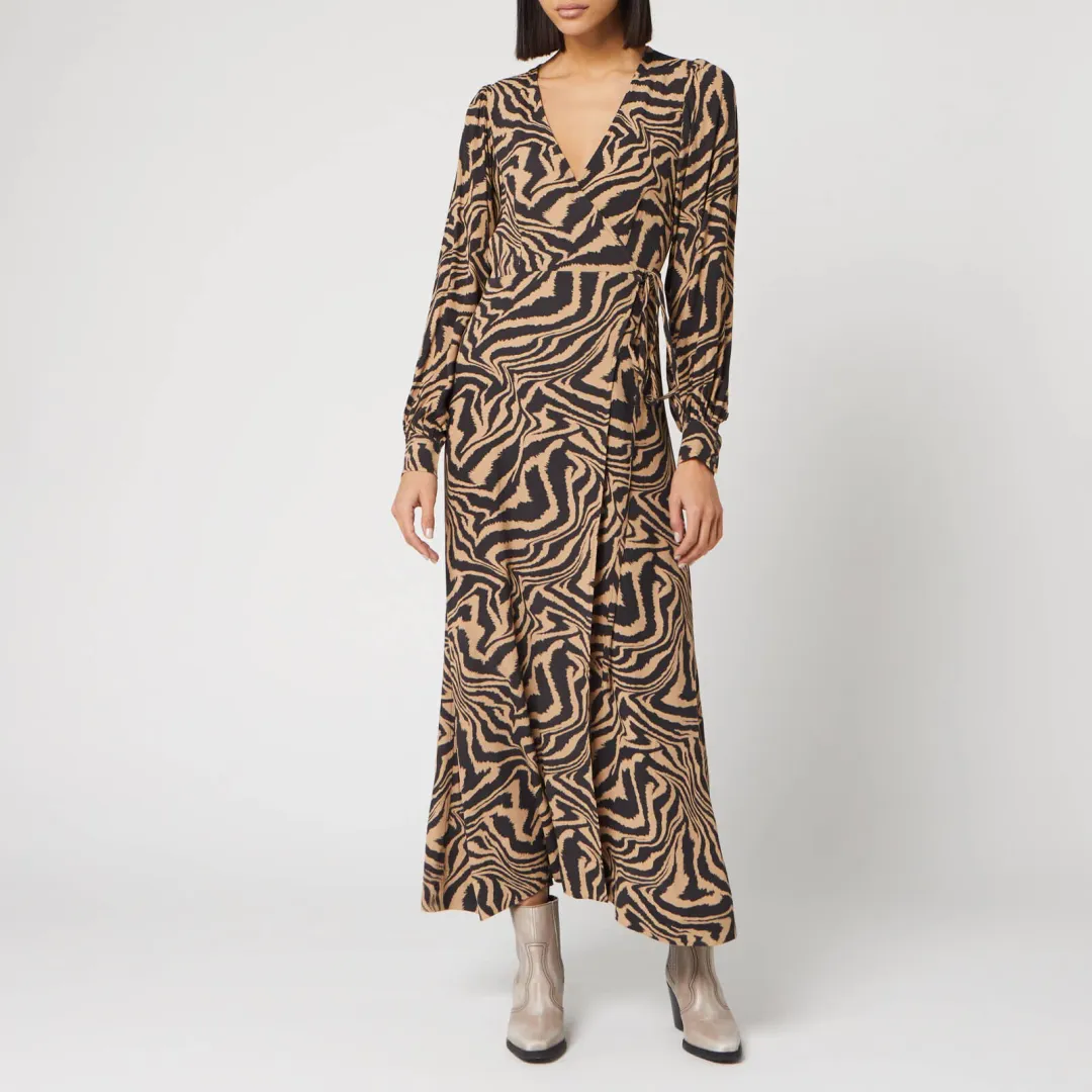 Ganni Zebra Crepe Wrap Dress Brown Print Size 10 for rent on The Volte - main image