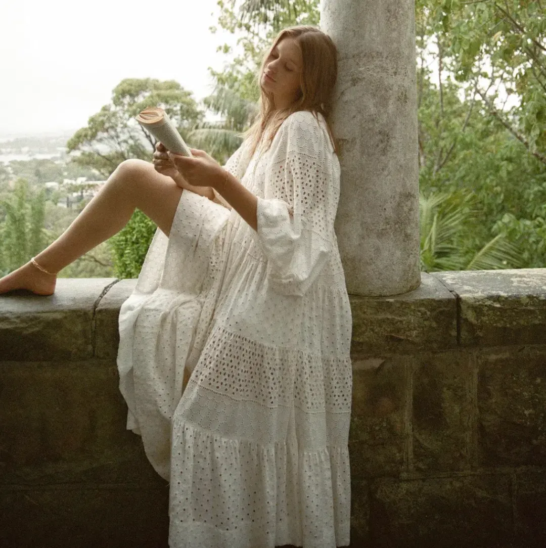 Shona Joy Vivienne Balloon Sleeve Tiered Midi Dress Ivory Size 14 for rent on The Volte - main image